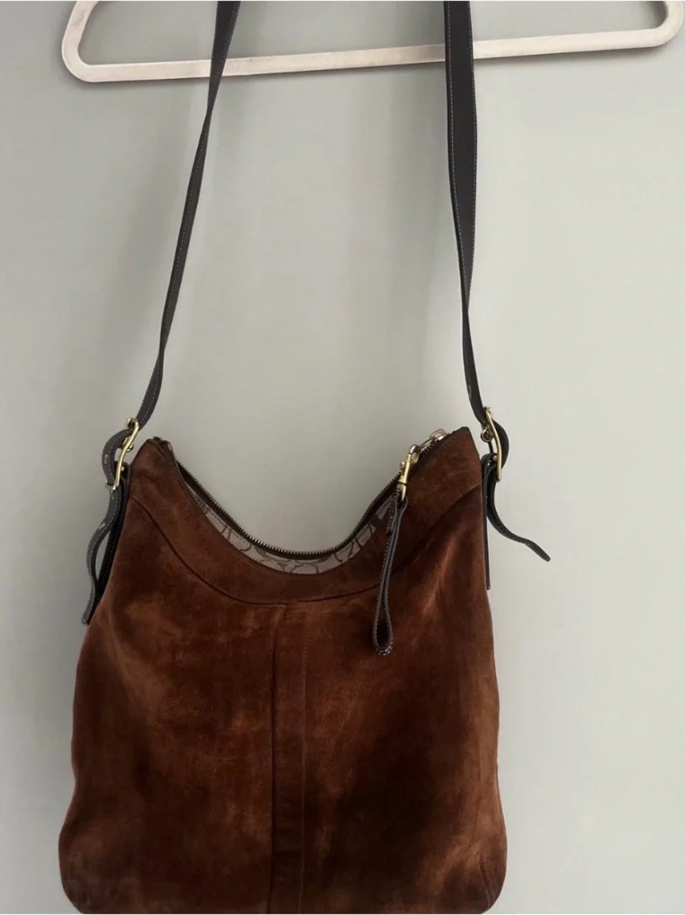 Coach Brown Suede Shoulder Bag with Dark Strap